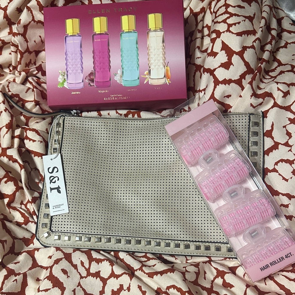 Ellen Tracy Fragrance Trio with Pink Rollers and Beige Pouch